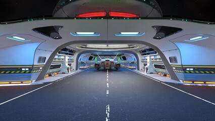 宇宙船格納庫宇宙船、宇宙ステーション、コックピット、技術、科学、宇宙、サイエンス、テクノロジー、設備、計器、作業スペース、ビジネス、内部、cg、コンピューター、通路、格納庫、駐機場、滑走路 © tsuneomp