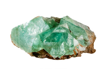 Macro close-up of a sample of a green-blue rare mineral fluorite on a white background. Transparent...