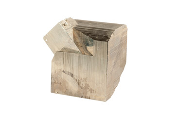 A sample of a natural mineral from the geological collection is untreated crystalline pyrite, iron pyrite, fool's gold. Close-up isolated on a white background