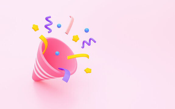 3D cute pink popper for confetti party, birthday and new year. 3D rendering