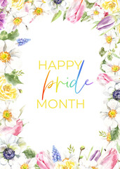 Fototapeta na wymiar Watercolor floral frame Pride Month 2022 design, Happy Pride month background, LGBT,sexual minorities,gays and lesbians.Designer sign,logo, icon,flyer, party,against homosexual discrimination card diy