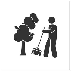 Nature glyph icon. Cleaning territory. Caring for the planet.Man with broom sweeps. Environment day concept. Filled flat sign. Isolated silhouette vector illustration