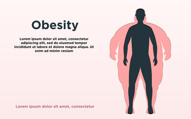Obesity. Vector illustration with copy space. Poster with normal and obese person silhouette in paper style