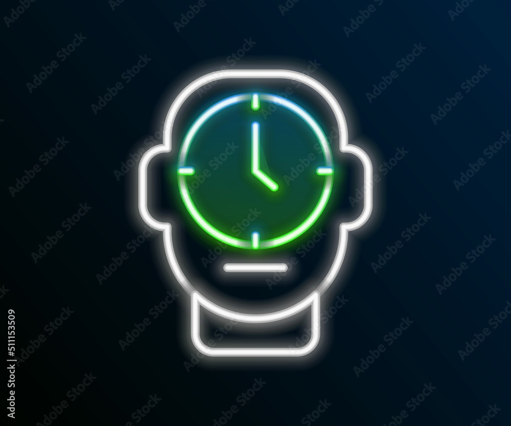 Sticker Glowing neon line Clock icon isolated on black background. Time symbol. Colorful outline concept. Vector