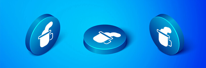 Isometric Cup of tea icon isolated on blue background. Blue circle button. Vector