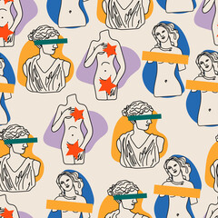 Seamless pattern with Greek antique trippy sculptures and botanical elements in ancient Greek style. Vector illustration in retro style for printing wallpapers, backgrounds, postcards, covers