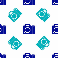 Blue Photo camera icon isolated seamless pattern on white background. Foto camera. Digital photography. Vector