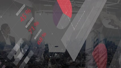 Animation of financial data over caucasian businessman drinking coffee in office - Powered by Adobe