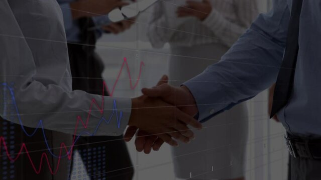 Animation of financial data over caucasian businessmen shaking hands