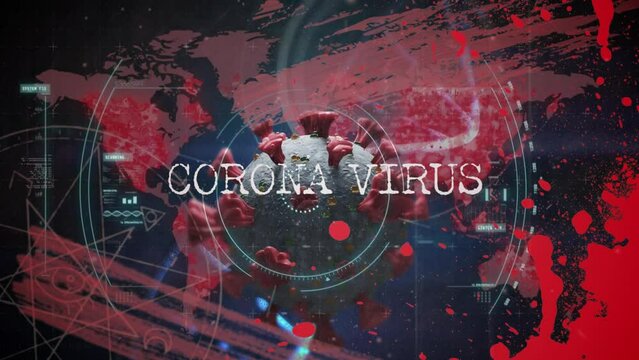 Animation of coronavirus, virus cell,world map and digital screen