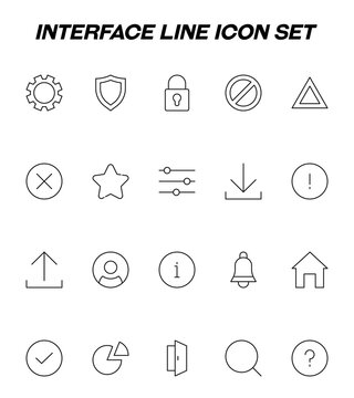 Interface of web site signs. Minimalistic outline symbols drawn with black thin line. Vector icon of gear, armor, prohibition, stop, lock, star, download, sound bar, user etc