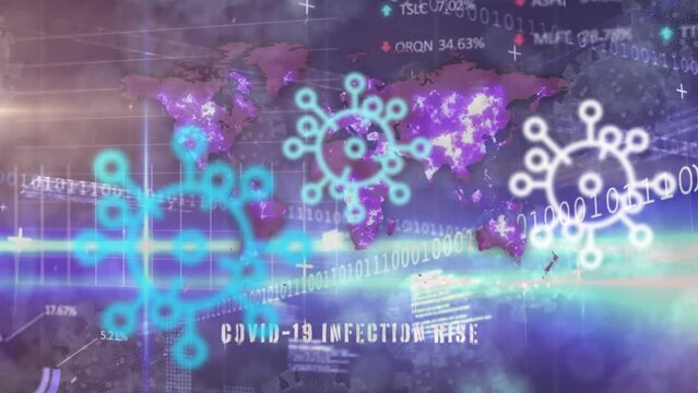 Animation of virus cells over world map and data processing