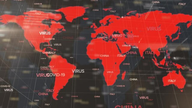 Animation of covid texts over world map on digital screen