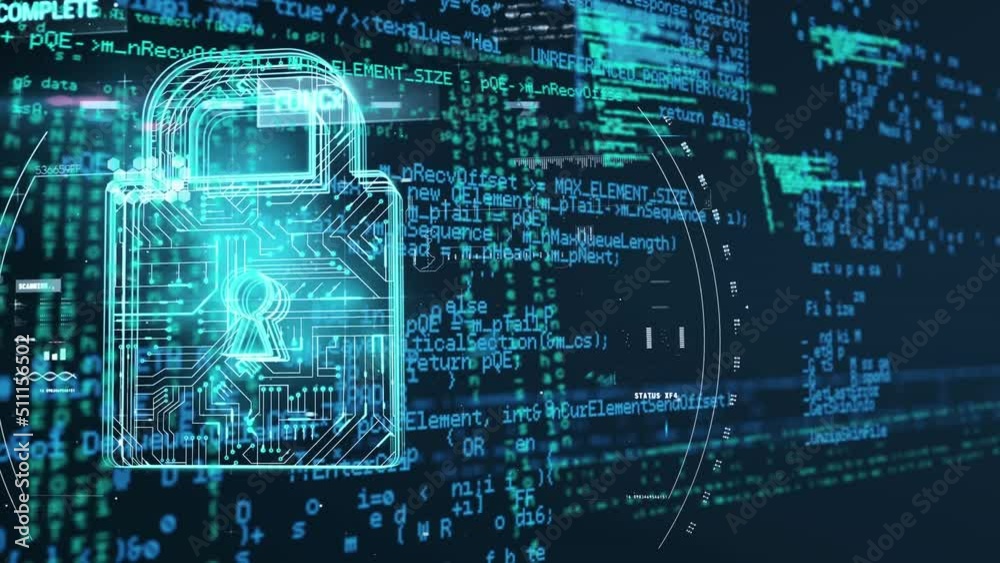 Poster Animation of data processing over online security padlock with computer circuit board