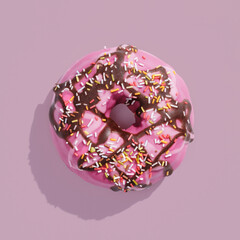 pink donut with glaze on pink pastel background