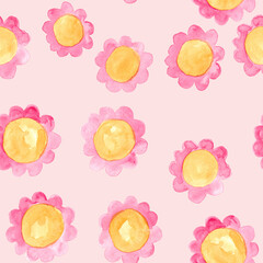 Crimson with yellow flowers watercolor painting  - seamless pattern with blossom on pink background