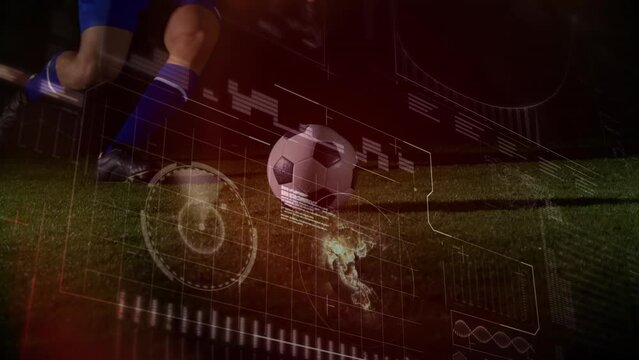 Animation of data processing over caucasian football player on football pitch