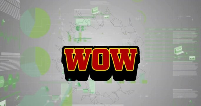 Animation of wow text over data processing and shapes