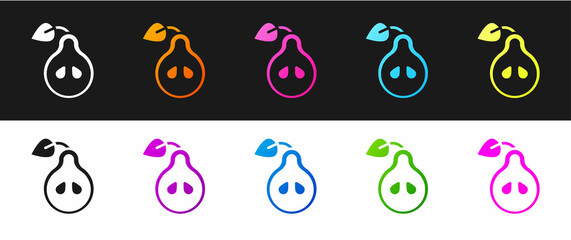 Set Pear icon isolated on black and white background. Fruit with leaf symbol. Vector
