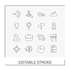  Startup line icons set. Business strategies, ideas and steps for realisations. Business concepts. Isolated vector illustrations.Editable stroke