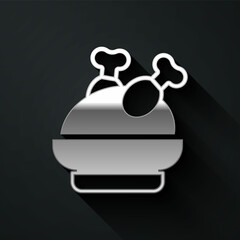 Silver Roasted turkey or chicken icon isolated on black background. Long shadow style. Vector