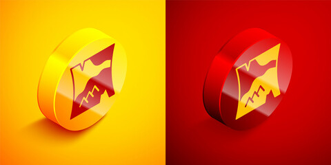 Isometric Folded map icon isolated on orange and red background. Circle button. Vector