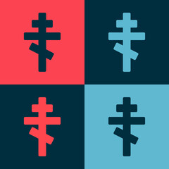 Fototapeta premium Pop art Christian cross icon isolated on color background. Church cross. Vector