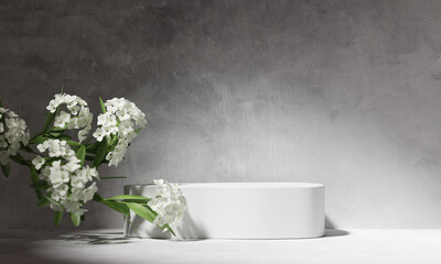 3D background, white podium.  display, flower branch with shadow. Green Cosmetic or beauty product promotion step pedestal. Abstract minimal 3D render copy space mockup. Summer advertisement backdrop