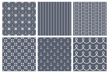 White, Blue Vector Nautical Seamless Pattern Set. Sea, Marine Backgrounds. Seamless Texture, Hand Drawn Nautical Anchors, Marine Wheels, Ropes, Lifebuoys. Design Template for Textile, Wallpaper, Print