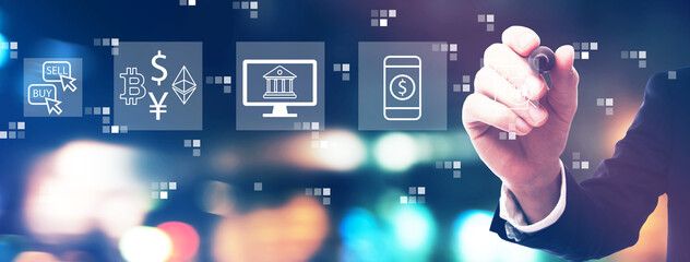 Cryptocurrency fintech theme with businessman on night city background