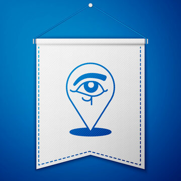 Blue Eye of Horus icon isolated on blue background. Ancient Egyptian goddess Wedjet symbol of protection, royal power and good health. White pennant template. Vector