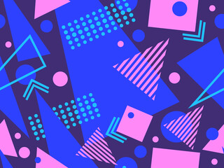 Obraz premium Geometric seamless pattern with memphis elements in 80s style. Colorful geometric pattern. Design of promotional products, wrapping paper and printing. Vector illustration