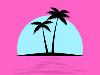 Contours of palm trees at sunset in the style of the 80s. Palm trees and blue sun on a pink background. Design for printing advertising banners and posters. Vector illustration