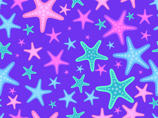 Fototapeta na wymiar Starfish seamless pattern on violet background. Starfish silhouettes in cartoon style. For promotional products, wrapping paper and printing. Vector illustration