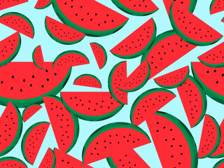 Watermelon slices seamless pattern. Watermelon with seeds. Design for printing on fabric, wrapping paper and promotional materials. Vector illustration