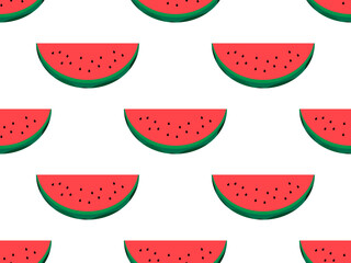 Seamless pattern with watermelon slices on a white background. Watermelon with seeds. Design for printing on fabric, wrapping paper and promotional materials. Vector illustration