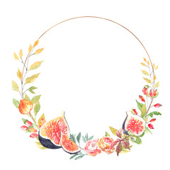 Watercolor boho fig pumpkin thanksgiving floral bronze frame illustration, Autumn flower arrangement, wreath,frame, for fall wedding stationery, nursery, thanksgiving card, save the date, baby shower