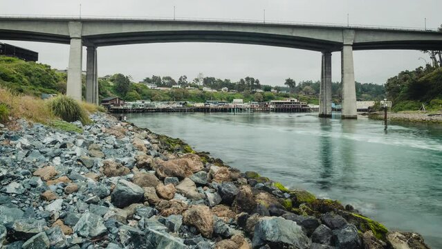 Noyo Bridge Harbor Day with Fishing Boat Timelapse 