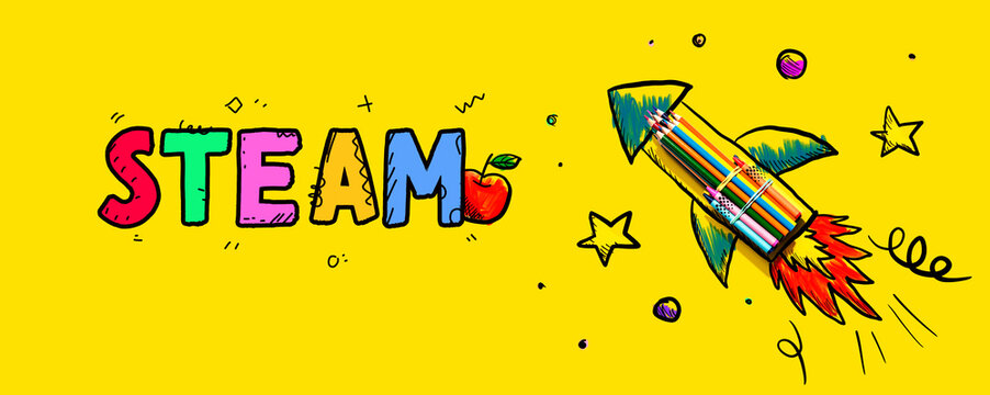 STEAM theme with hand drawn rocket and colored pencils