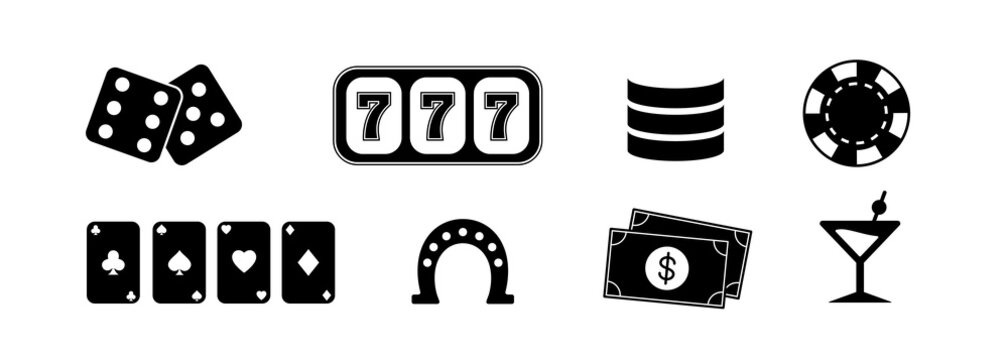 Casino icons. Black flat icons on the theme of casino and gambling. Vector clipart isolated on white background.