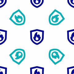 Blue Fire protection shield icon isolated seamless pattern on white background. Insurance concept. Security, safety, protection, protect concept. Vector