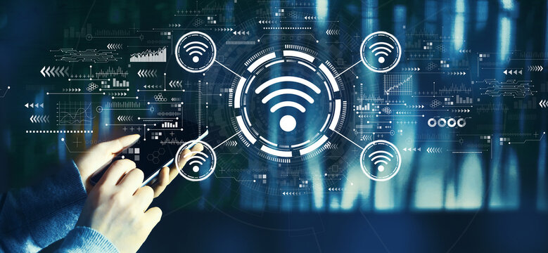 Wifi theme with person using a smartphone