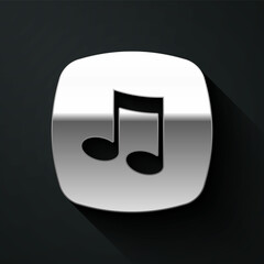 Silver Music note, tone icon isolated on black background. Long shadow style. Vector