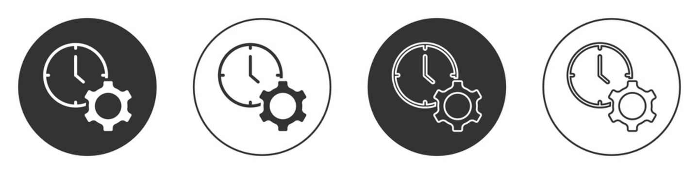 Black Time management icon isolated on white background. Clock and gear sign. Productivity symbol. Circle button. Vector