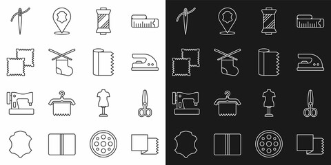 Set line Textile fabric roll, Scissors, Electric iron, Sewing thread spool, Knitting needles, Needle with and icon. Vector