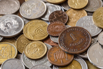 Background of Euro coins money.Numismatics.United kingdom Pound coin.US coins.Coins of different countries of the world. Iron money.Collection