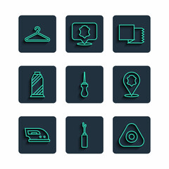 Set line Electric iron, Awl tool, Sewing chalk, Textile fabric roll, thread spool, Hanger wardrobe and Leather icon. Vector