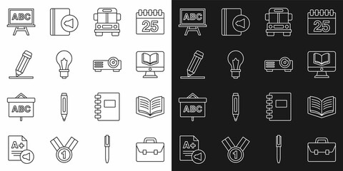 Set line Briefcase, Open book, Online class, School Bus, Light bulb with idea, Pencil eraser, Chalkboard and Movie, film, media projector icon. Vector