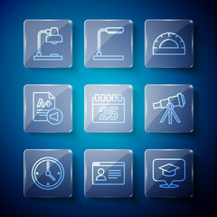 Set line Clock, Online class, Graduation cap speech bubble, Protractor grid, Calendar, Exam sheet with A plus grade, Table lamp and Telescope icon. Vector