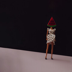 Crazy concept, a woman with a watermelon head in a polka dot dress
